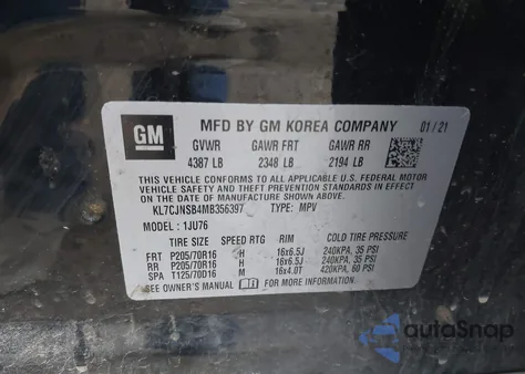 2021 Chevrolet Trax Awd Ls from USA, damaged, VIN KL7CJNSB4MB356397